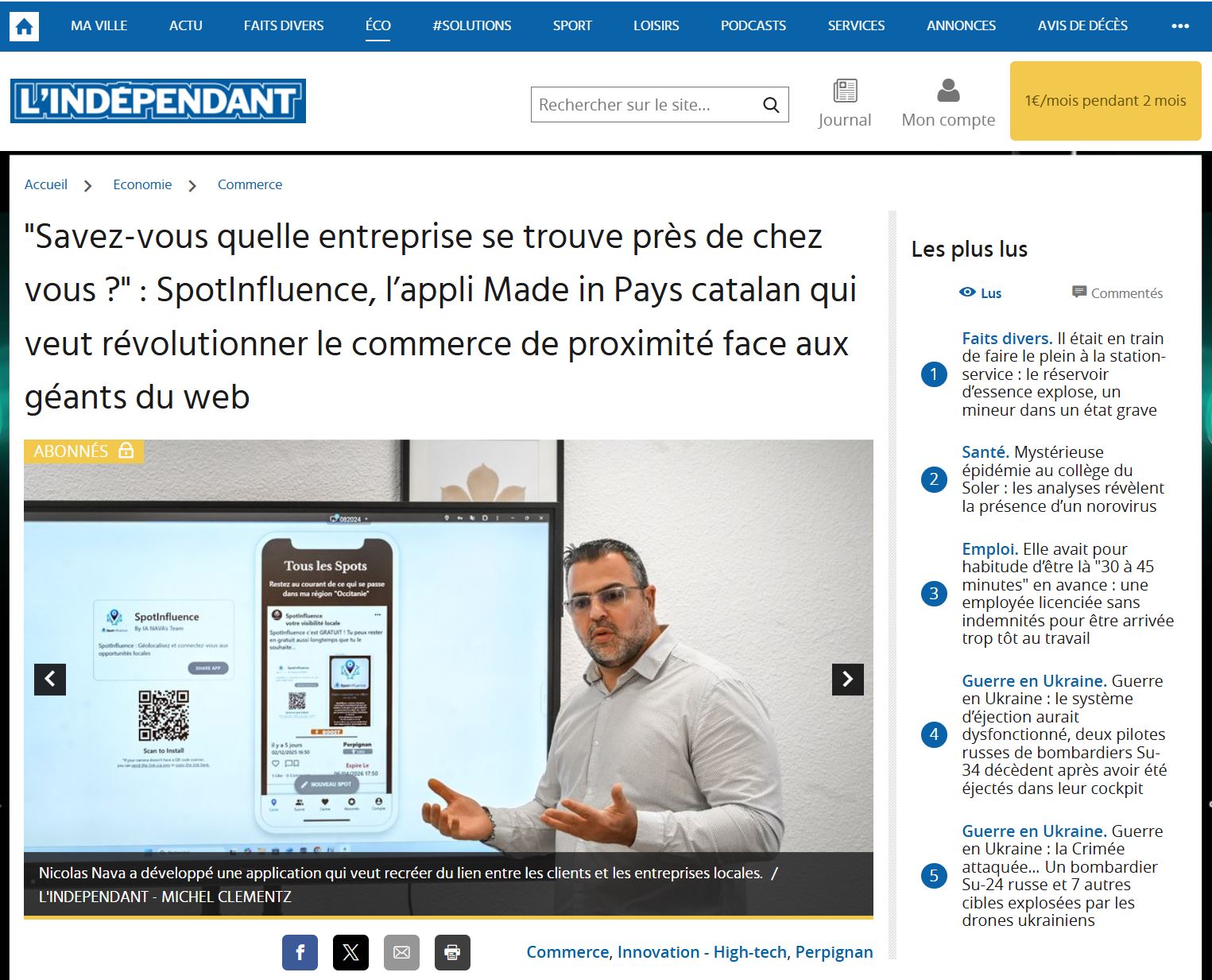 Capture de l'article L'Indépendant sur SpotInfluence